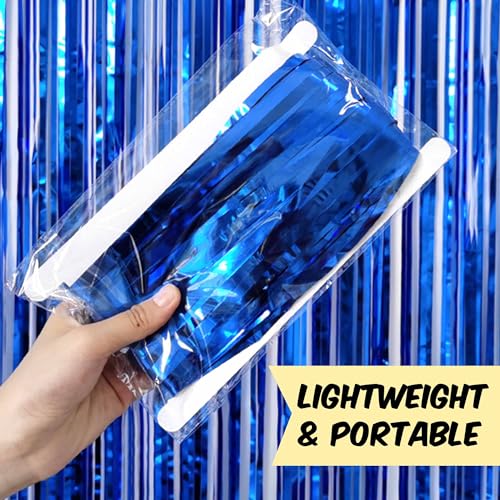 Image of 3 Pack Blue Foil Fringe Curtains Backdrop, 3.28 x 9.8 Ft Metallic Streamers Tinsel Curtains Background for Photo Booth, Birthday, Halloween, Christmas, Thanksgiving, New Year Party Decorations
