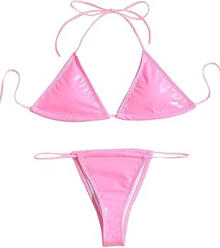Damen Bikini Set PU-Leder - Neckholder Mit Mini Tanga In Pink
