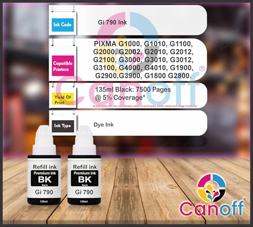 Image of CANOFF GI-790 Compatible Black Refill Ink Bottle (135ml Each) | High Yield, Smudge-Free, Fade-Resistant Ink | Suitable for G1000,G1010,G2000,G2010,G3000,G3010,G4000,G4010 Series (Gi-790 Black 2pc.)