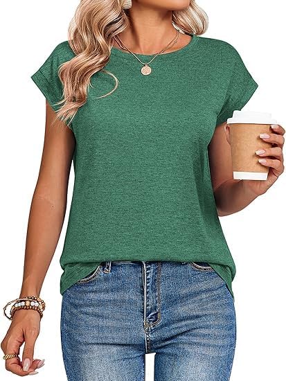 Women's Casual T-Shirt, Crewneck Cap Sleeve Top, Solid Green, Relaxed Fit, Everyday Wear