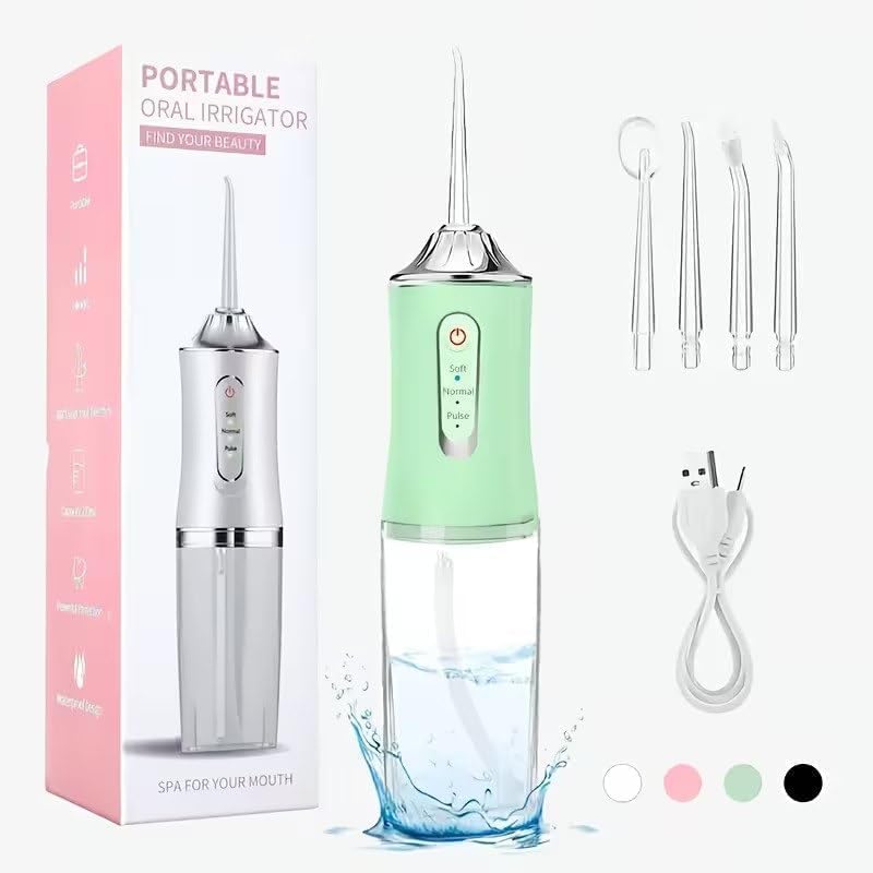 Image of Water Flosser Oral Irrigator with 3 Modes & 4 Jet Tips, Portable, Cordless and Rechargeable Teeth Cleaner with 220ml Detachable Water Tank, IPX7 Waterproof (Multicolour - White, Green, Pink)