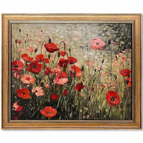 Vintage Wall Art Red Flower Painting, Framed Wall Art, Farmhouse Bedroom Kitchen Wall Art Decor (Flowers, 16" L x 12" W)