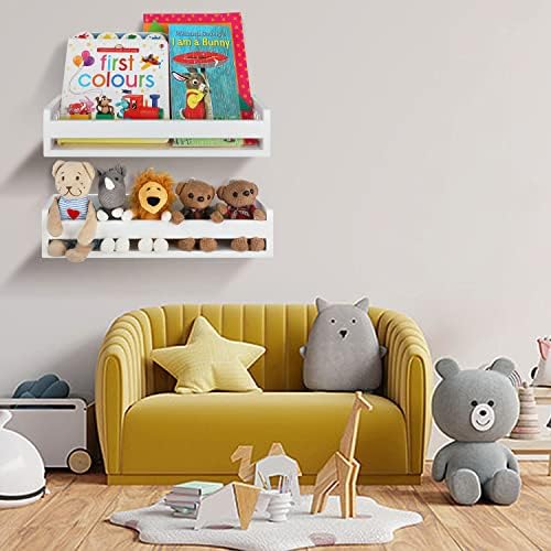 Satauko Wooden Floating Bookshelf for Nursery Storage, White Wall Mounted Shelves for Kitchen Spice Rack, Wall Hanging Shelf Organizer for Entryway, Bathroom, Bedroom, Living room.(Set of 2)