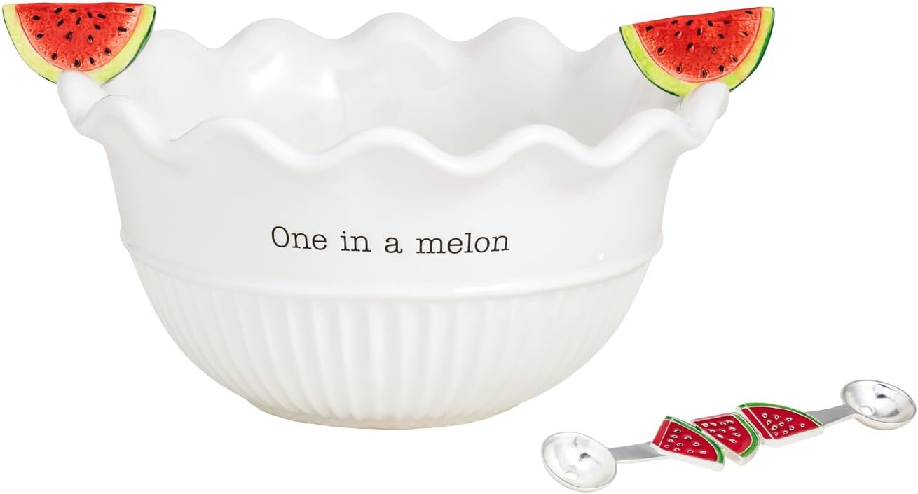 Mud Pie White Ceramic Melon Bowl and Melon Baller Utensil Set