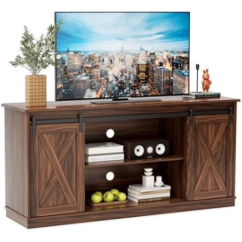 Sweetcrispy Farmhouse TV Stand 65 Inch for Living Room Bedroom Brown, Tall Entertainment Center with Storage Shelves, Media Console Cabinet with Wood Board, 300 LBS Capacity and Sliding Barn Door
