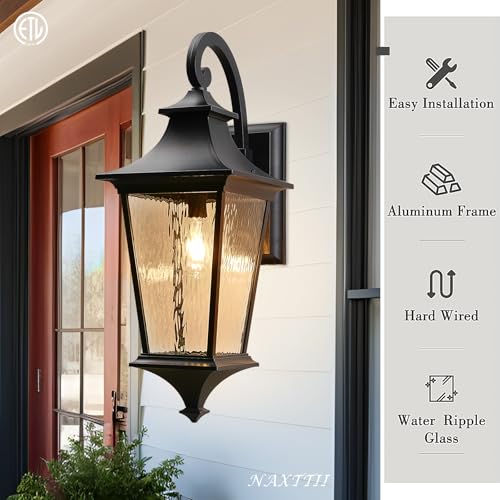 Image of Black Outdoor Wall Light 29.3 Inch Large Aluminum Exterior Lighting Fixtures with Water Ripple Glass Waterproof Porch Lights Outdoor for Patio Doorway E26 Socket