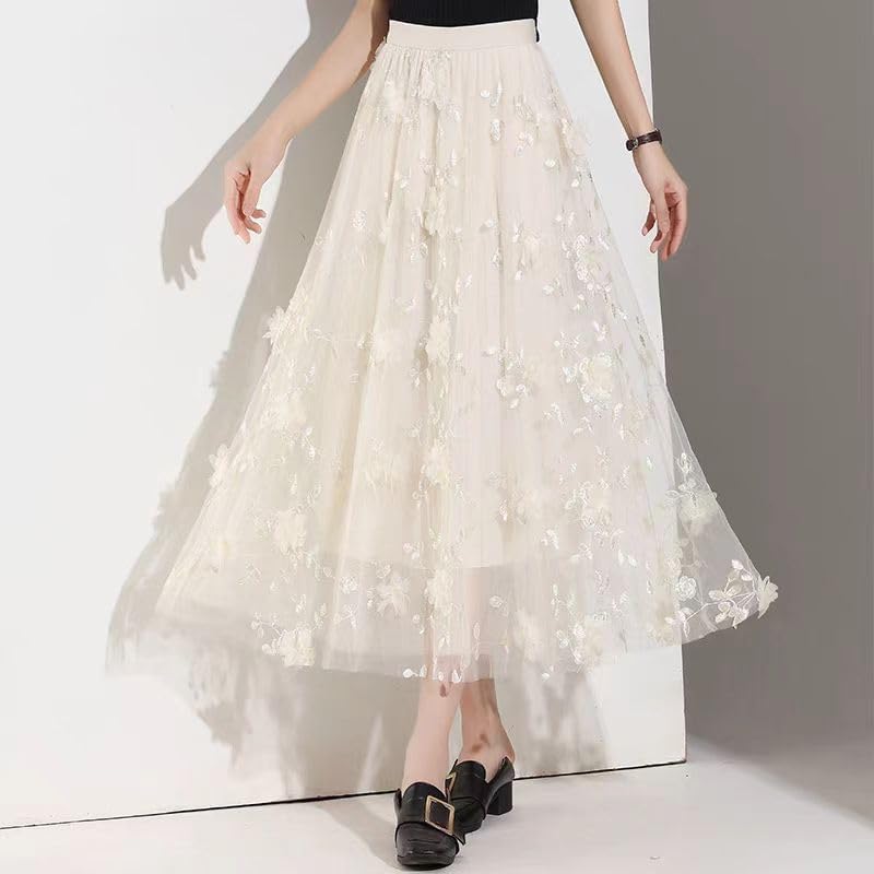 Women's Midi Tulle Skirts Floral Embroidery Layered Print Fairy Skirts Elastic Waist A-Line Mesh Skirt - Image 2
