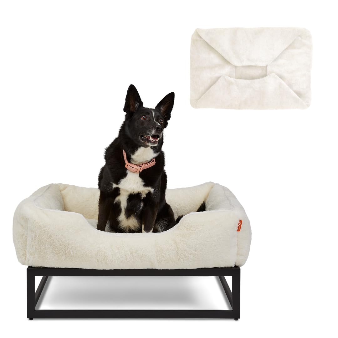 FUZI Elevated Dog Bed Large with Extra Cover, Luxury Raised Dog Beds, Removable and Machine Washable Bed Cover, Indoor/Outdoor Orthopedic Pet Bed, Large 35.6x28.5x18 Soft White and Black Base