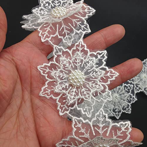 Karmelling 10Pc White Pearl Chiffon Beaded Flower Embroidered Lace Edge Trim Ribbon For Sewing Diy Craft Decorative,6Cm #TOP21