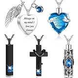 Fumete 5 Pcs Urn Necklace for Ashes Cremation Jewelry Necklace Set for Ashes Memorial Keepsake Heart Cross Cubic Stainless Steel Urn Jewelry for Loved One or Pet Women Men, 5 Styles(Lake Blue)