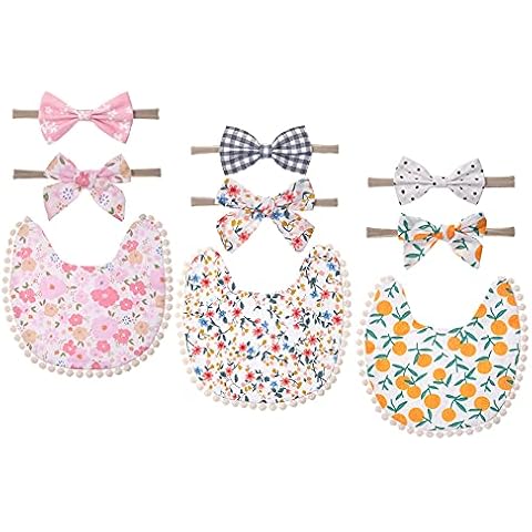 Esumun Baby Girls Reversible Floral Print Bibs Saliva Towel Set, Flounce Edged Burp Cloth and Bow Headband for Newborn Infant Toddlers(SET A) Cover