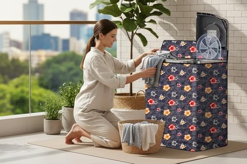 Image of The Furnishing Tree Semi-Automatic Top Load Washing Machine Cover | Waterproof & Dustproof | Easy to Clean | Inlet & Outlet Pipe Provision | Durable & Washable, Floral Grey Polyester (46x76x86.5 CM)