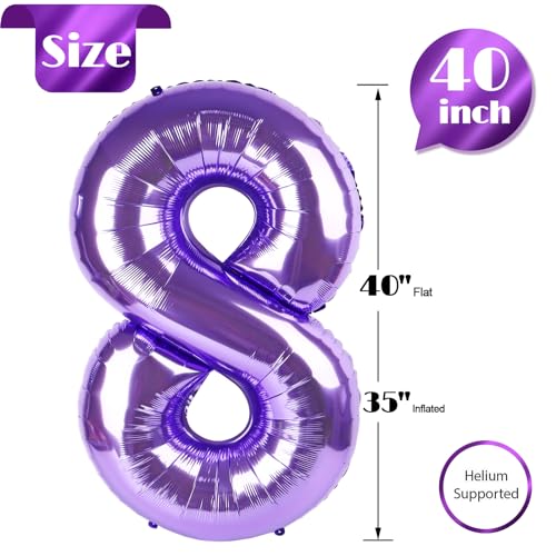 Image of Purple Number 8 Balloon 40 Inch, 8th Birthday Party Decorations, Giant 8 Foil Balloon for Party Supplies