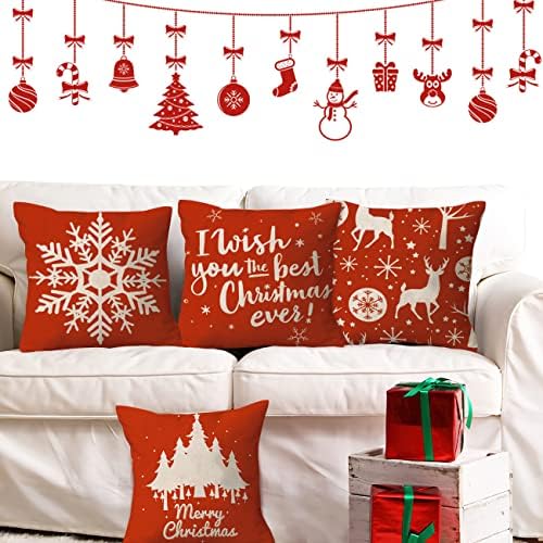 Christmas Cushion Covers Set of 4, Red Christmas Pillow Covers 45 x 45 cm with Zipper, Christmas Design Cushion Covers 45cm x 45cm Xmas Throw Pillow Cases for Bedroom Sofa Seat Indoor Decorations