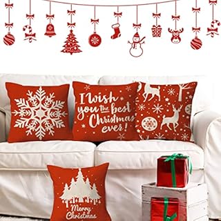 Christmas Cushion Covers Set of 4, Red Christmas Pillow Covers 45 x 45 cm with Zipper, Christmas Design Cushion Covers 45cm x 45cm Xmas Throw Pillow Cases for Bedroom Sofa Seat Indoor Decorations