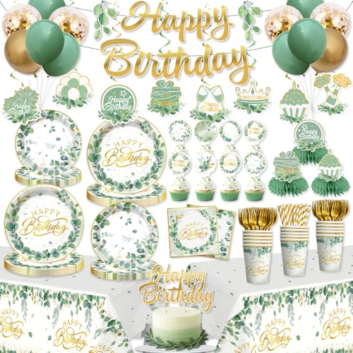 201 Pcs Sage Green Birthday Decorations Plates and Napkins Set, Gold and Green Eucalyptus Flowers Birthday Banner Balloons Cake Topper greenery Tablecloth Birthday Decorations Sage Green Tab