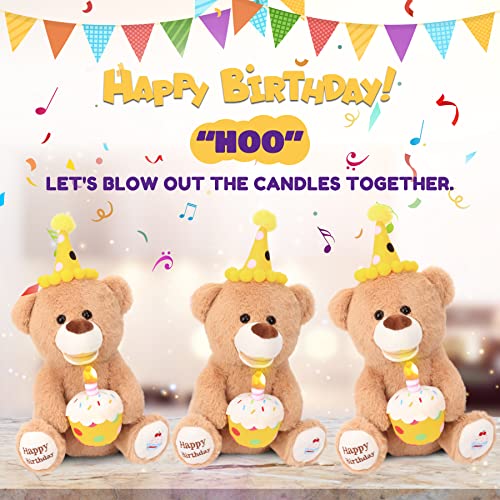 Hopearl Adorable Happy Birthday Teddy Bear With Glowing Cupcake Musical Stuffed Animal Bear Singing And Shaking Plush Toy Interactive Animated Kids Gift, Brown, 15’’ #TOP6