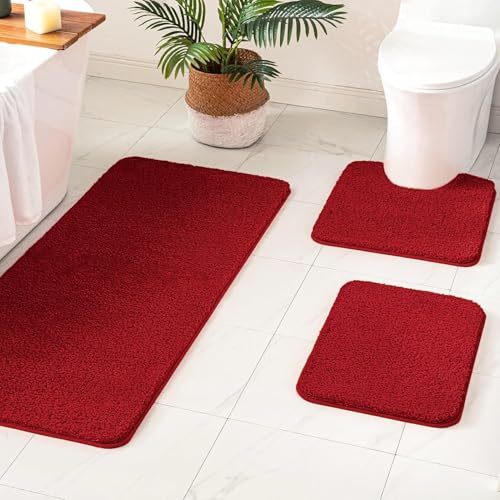 MIULEE Christmas Red Bathroom Rugs and Mats Set 3 Pieces 20x24+16x24+24x60