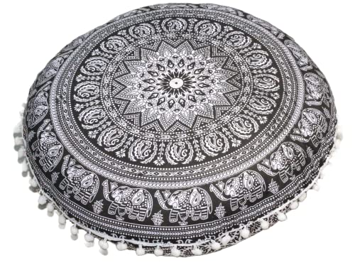 Round Mandala Floor Pillow Cover Seating Cushion Throw Cover Hippie Decorative Bohemian Ottoman Pouf Cover, Pom Pom Pillow Cases,Boho Indian 22 Inches (Black Elephant Flower) #TOP4