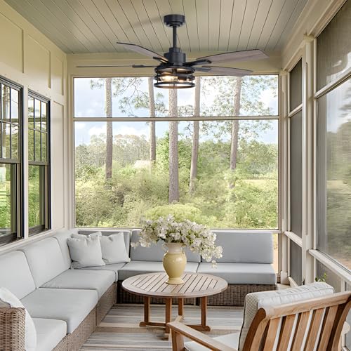 Image of 52 Inch Ceiling Fans with Lights and Remote Control, Farmhouse Ceiling Fan with LED Lighting for Bedroom Living Room and Patio, Black Caged Ceiling Fan for Indoor and Outdoor(NO Bulbs)