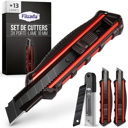Filzada® 3x Cutter Professionnel avec 13x Lame de Rechange pour Cuteurs Carbon BLACK - Cutter 18mm...
