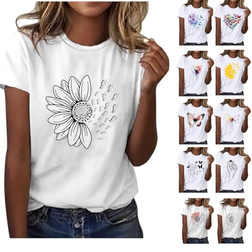 2026 Camiseta Mujer Manga Corta Algodón, Tshirt Mujer Estampado Floral Verano Túnica Tops Cuello Redondo Casual Moda Suelto Camisa Elegante Cómodo Fiesta Shirt Original Basic tee Tallas Grandes
