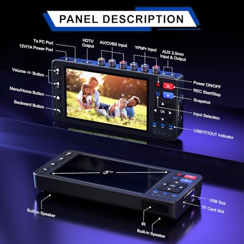 Image of Portta VD22P VHS to Digital Converter with 5 inch HD Screen, Video Capture Recorder Convert to MP4 Compatible with VHS, VCR, DVR, DVD, Hi8, Mini DV, Gaming Consoles (VCR /VHS /DVD Player /Camcorder Required)