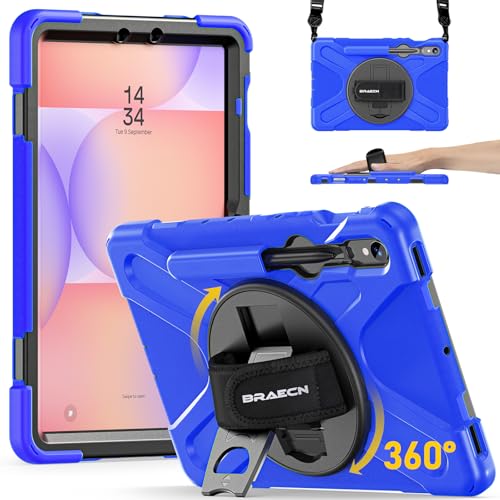 Image of BRAECN Case for Samsung Galaxy Tab S10 Lite / S10 FE / S9 FE 5G / S9 / S8 / S7 | 10.9 /11 inch Shockproof Heavy Duty Full Body Protective Cover with Hand Strap & Kickstand, Shoulder Strap, S Pen Holder Blue