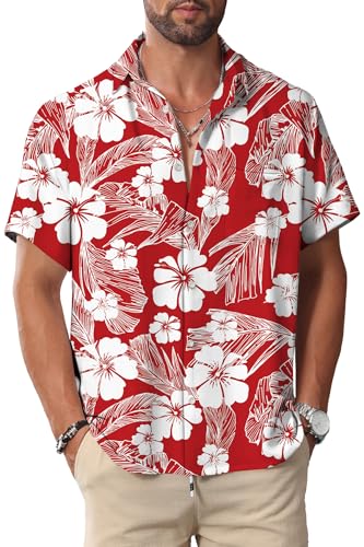 KYKU Hawaiian Shirt for Men Beach Summer Button Down Clothing Flower Red XL