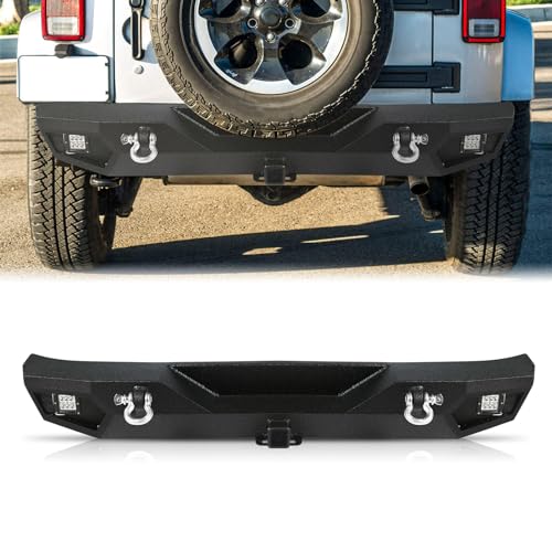 Peforway Rear Bumper fit for Jeep Wrangler JK JKU 2007-2018, Full Width Off Road Heavy Duty Steel Bumper Upgraded Textured Black Stubby Back Bumpers with Tow Hitch, D-Rings, Light