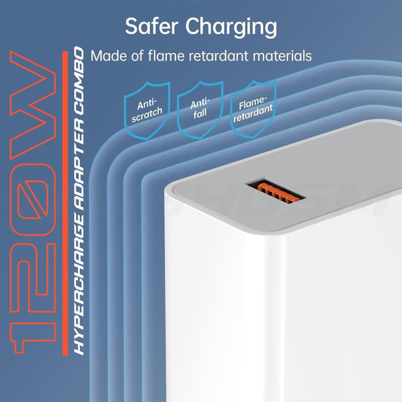 Image of MINLU 120W HyperCharge Adapter with USB Type-C Cable Compatible with Xiaomi 14, 14T, 13, 13T, 12, 12T, 12S Pro, Redmi K70, K60, K50, Poco F4 GT, Black Shark 4, 5