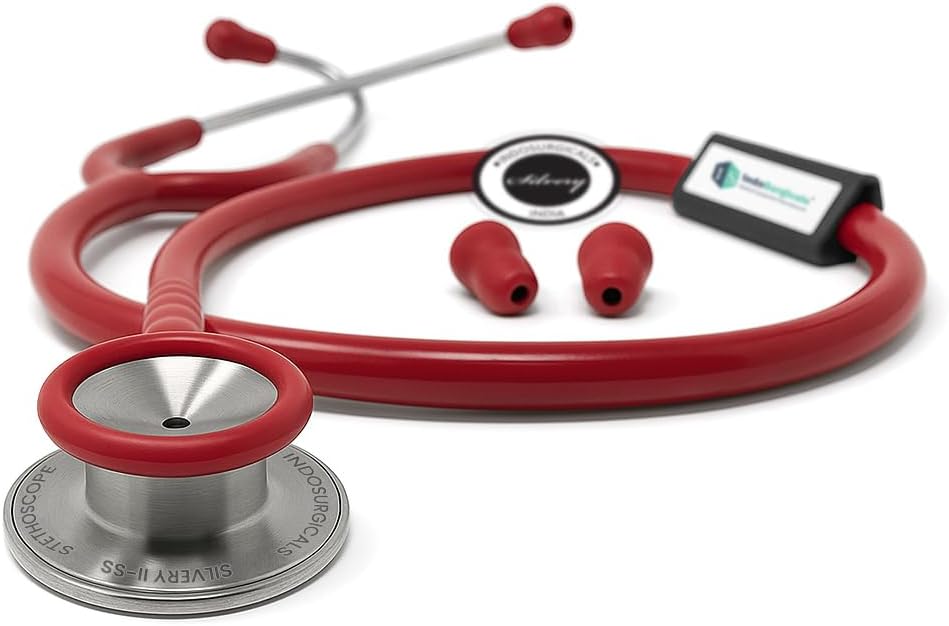 IS IndoSurgicals Silvery II-SS Stainless Steel Stethoscope for Doctors & Medical Students (Red)