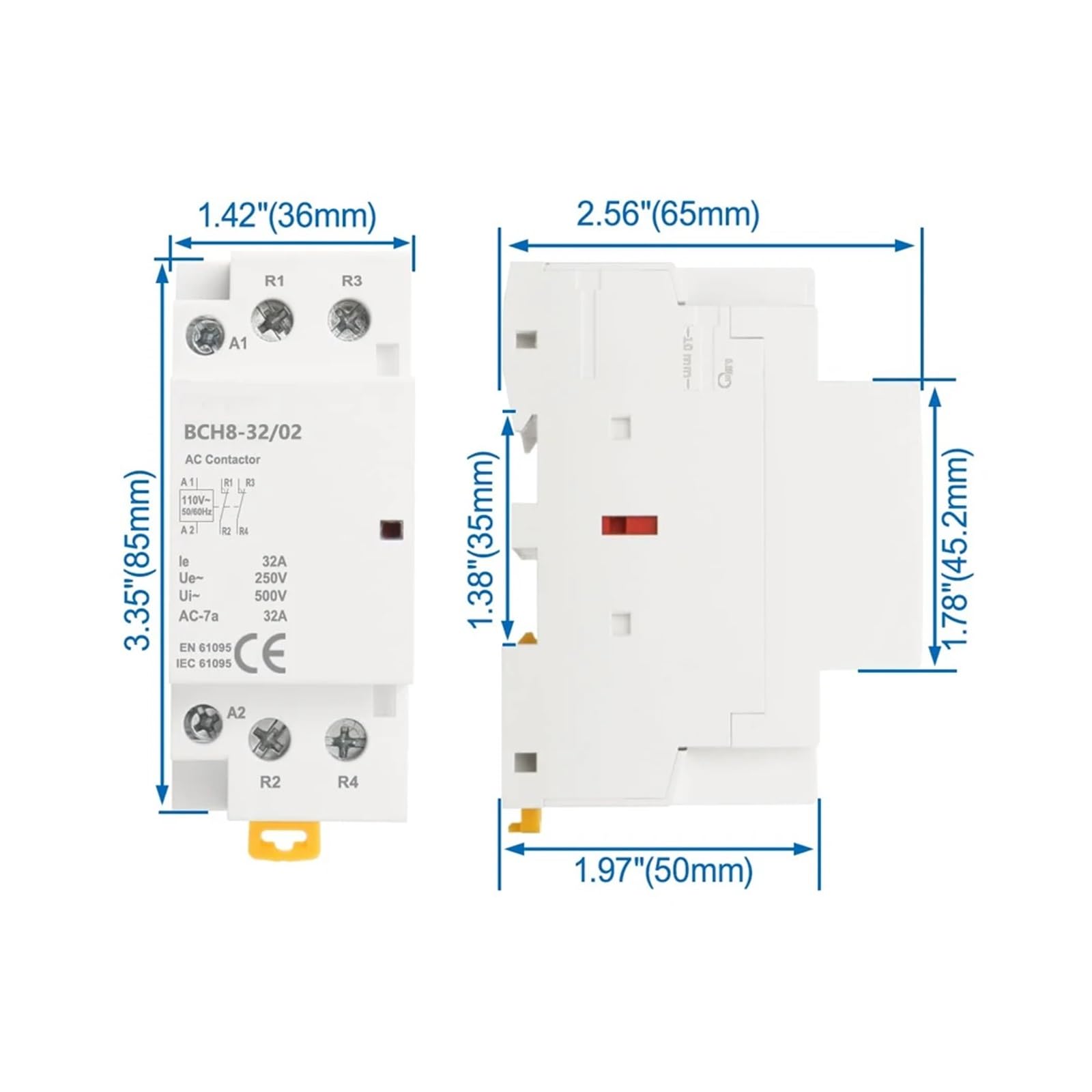 BCH8-32/02 - Contattore di carica CA 32 A, 24 V/110 V/230 V, contattore automatico CA 2 NF 2 poli, 1 pezzo(2NC_AC 230V)