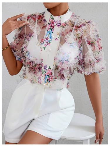 OYOANGLE Women's Floral Print Mesh Sheer Pearl Button Down Blouse Mock Neck Puff Short Sleeve Ruffle Trim Shirt4
