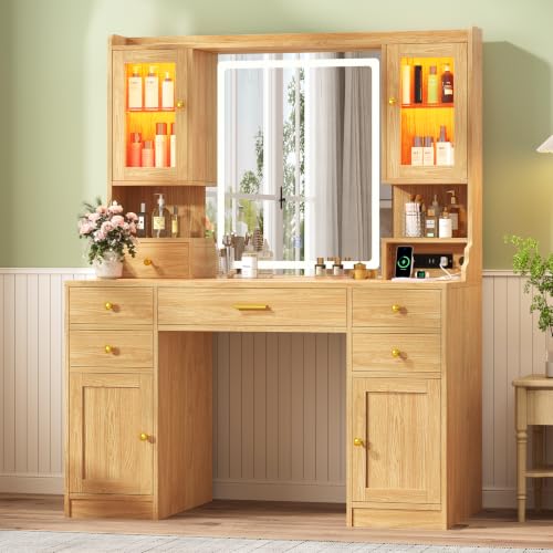 Image of CSZZD Makeup Vanity Desk with Mirror and Lights, Large Vanity Table Set with Charging Station, Dressing Table with RGB Cabinets & 6 Drawers, Wood Vanity Mirror with Light Desk with Storage Shelves