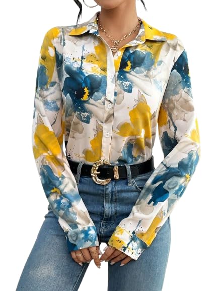 KATECLO Women's Full Sleeve Floral Print Shirt | V-Neck Button Do...