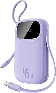 Baseus Powerbank 45W 20000mAh con 2 Cables USB-C Integrados, Power Bank PD3,0 QC4,0 Baterías Externas Carga Rapida, 3 USB-C, 1 A, Cargador Portátil para iPhone 16/15/14 Pro MAX, Samsung, Morado