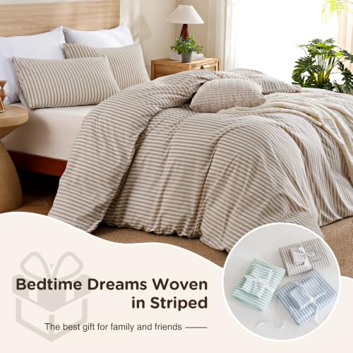 Image of TOCOMOA Brown Striped Duvet Cover Set 100% Washed Cotton Like Linen, King | Linen-Like Feel Soft, Breathable & Comfy for All Season. Lightweight Bedding Set with Zipper & 8 Ties. 3 Pcs, No Insert
