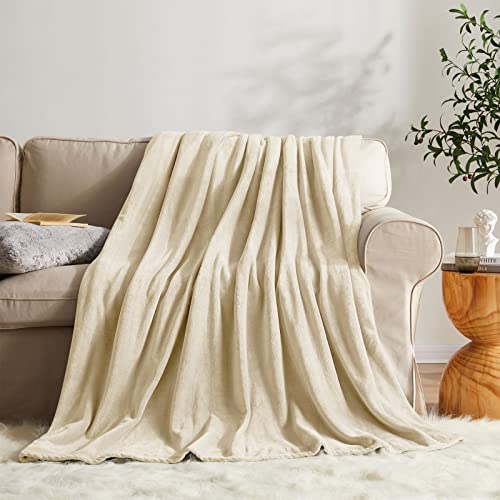 Image of KMUSET Super Soft Throw Blanket Premium Silky Flannel Fleece Twin Size Beige Microfiber Lightweight Blanket All Season Use