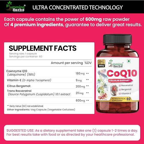 Image of Humming Herbs CoQ10 600mg Cellular Support Supplement with Resveratrol, Bergamot & Vitamin E - Heart Health & Energy Booster - Antioxidan 60 Caps