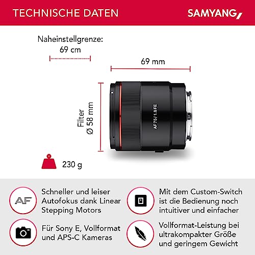 Samyang AF 75mm F1.8 FE (Tiny but Absolute) – Porträt Objektiv Autofokus Vollformat und APS-C Festbrennweite Sony E Mount für Sony A9 II A7 III A7C II A7C R A6600 A6500 A6400 A6300 A6000 A5100 A5000 – Bild 3