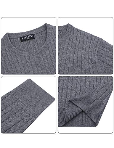 Kallspin Men's Cable Knit Crewneck Sweater Pullovers Wool Blended Relax Fit Knitwear (Light Grey, Large) #TOP3