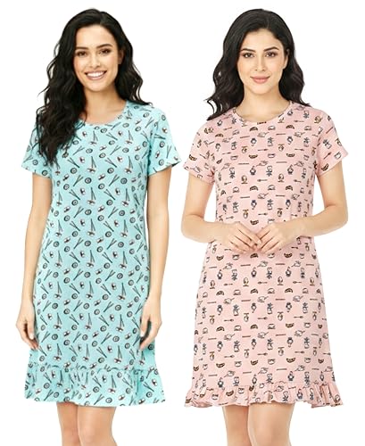 Image of ARIEL Women's Cotton Knee Length Regular Fit Nighty | Night Dress | Long Tees (Pack of 2)