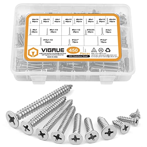 VIGRUE 450Pcs Stainless Steel Wood Screws Set #4#6#8#10#12 Phillips Flat Head Sheet Metal Screw Self Tapping Screws Assortment Kit, Length 1/4" to 2" Flat Head 450PCS
