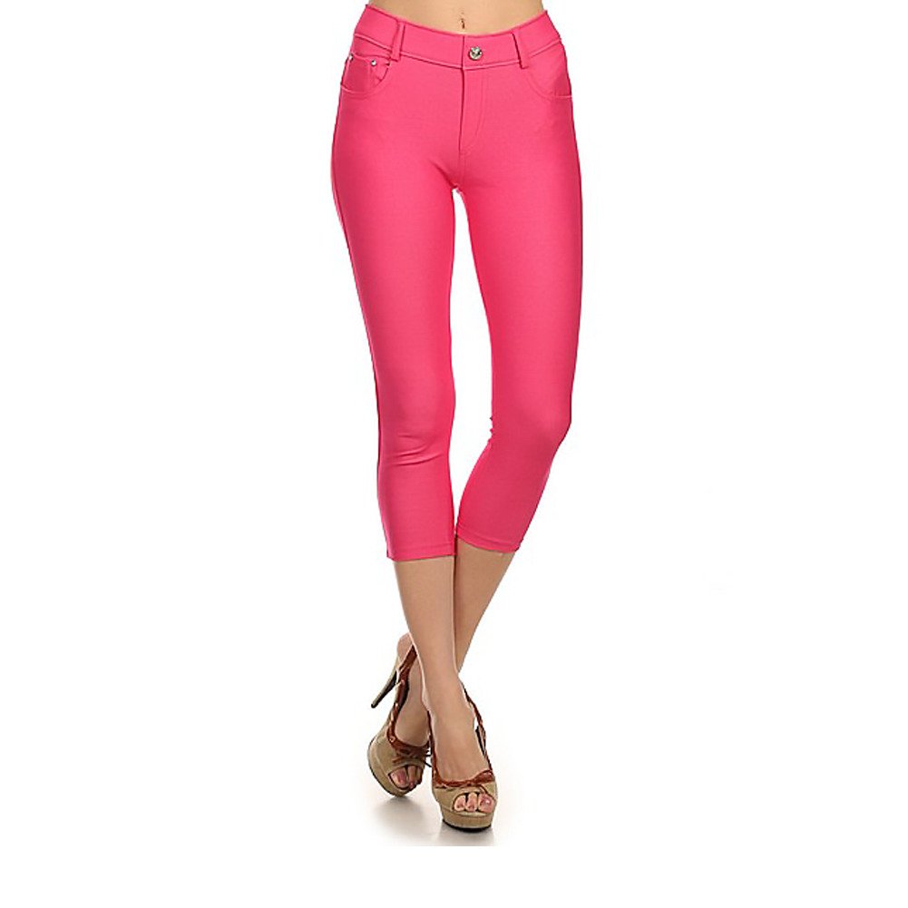 YELETE New Women's Stretchy Skinny Jeggings Shorts & Capri Pull On Style Trends SNJ, Fuchsia, Large