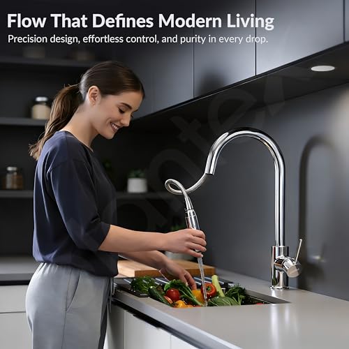 Image of Plantex Pull-Down Kitchen Sink Tap /304 Stainless Steel Sink Tap for Kitchen Basin with 360⁰ Swivel Spout /Kitchen Sink Faucet- (1062, Chrome)