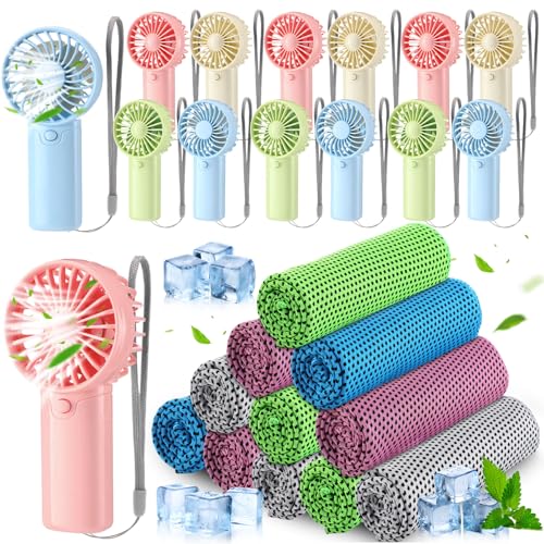 Retisee 24 Pcs Cooling Towel Mini Portable Fan Set 32 x 12 Inch Ice Towel Chilly Handheld Battery Powered Fan Cooling Sport Gifts for Travel Makeup Yoga Camping Running Summer(Classic,Multicolor)