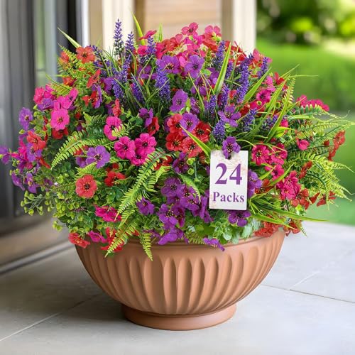 Alupssuc 24 Bundles Artificial Flowers for Outdoors Spring Summer Decoration, UV Resistant Faux Eucalyptus Violet and Lavender Silk Fake Plants for Outside Indoor Yard Home Patio D image 2