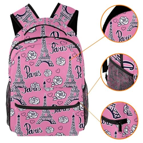 Mochila para adolescentes con espalda acolchada y Torre Eiffel rosa 3