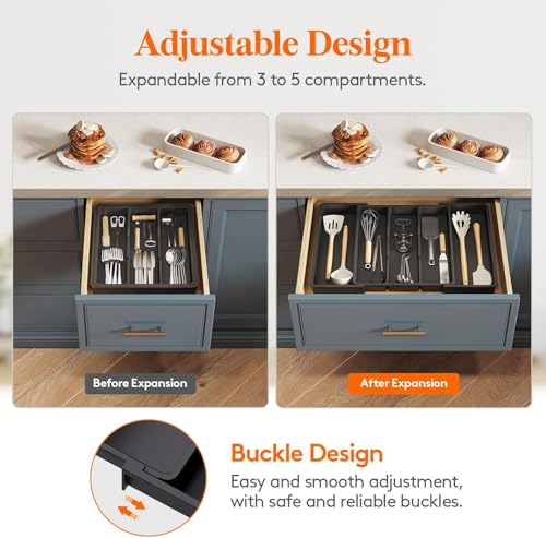 Image of TASMAX Expandable Cutlery Organizer For Kitchen Drawer, Adjustable Cutlery Tray, Multipurpose Storage For Spoons Forks Knives, Tandom Drawers Accessories, Black, Large (Kitchen Drawer)